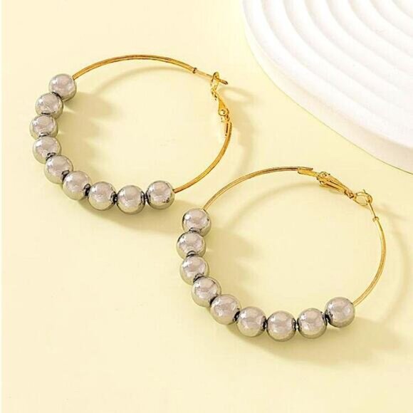 Gold Hoop Silver Ball Earrings, Oversized, Exaggerated, Drop, Dangle, Beaded - Picture 3 of 5